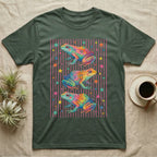 Dart Frog Disco Stripes T-Shirt in Military Green — Three rainbow poison dart frog morphs stacked on a pink-and-cream candy-stripe field with scattered stars.
