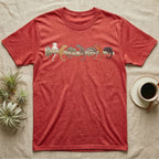 Gargoyle Gecko Canopy Crew T-Shirt in Heather Red — Watercolor illustration of seven gargoyle gecko colour morphs on a mossy branch, dark grey T-shirt design.