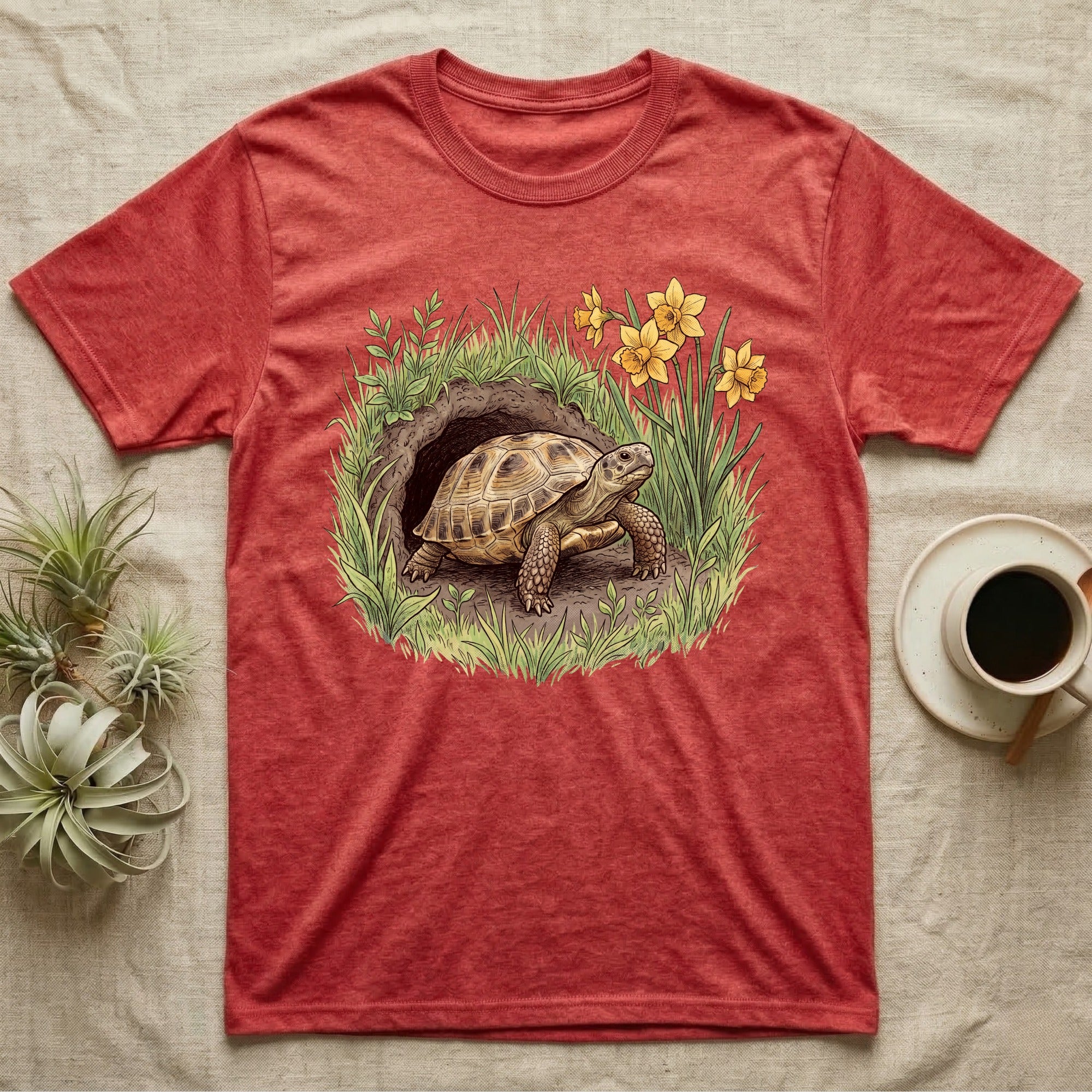 Russian Tortoise Spring T-Shirt in Heather Red — Botanical illustration of a Russian tortoise stepping into spring grass framed by daffodils and early shoots.