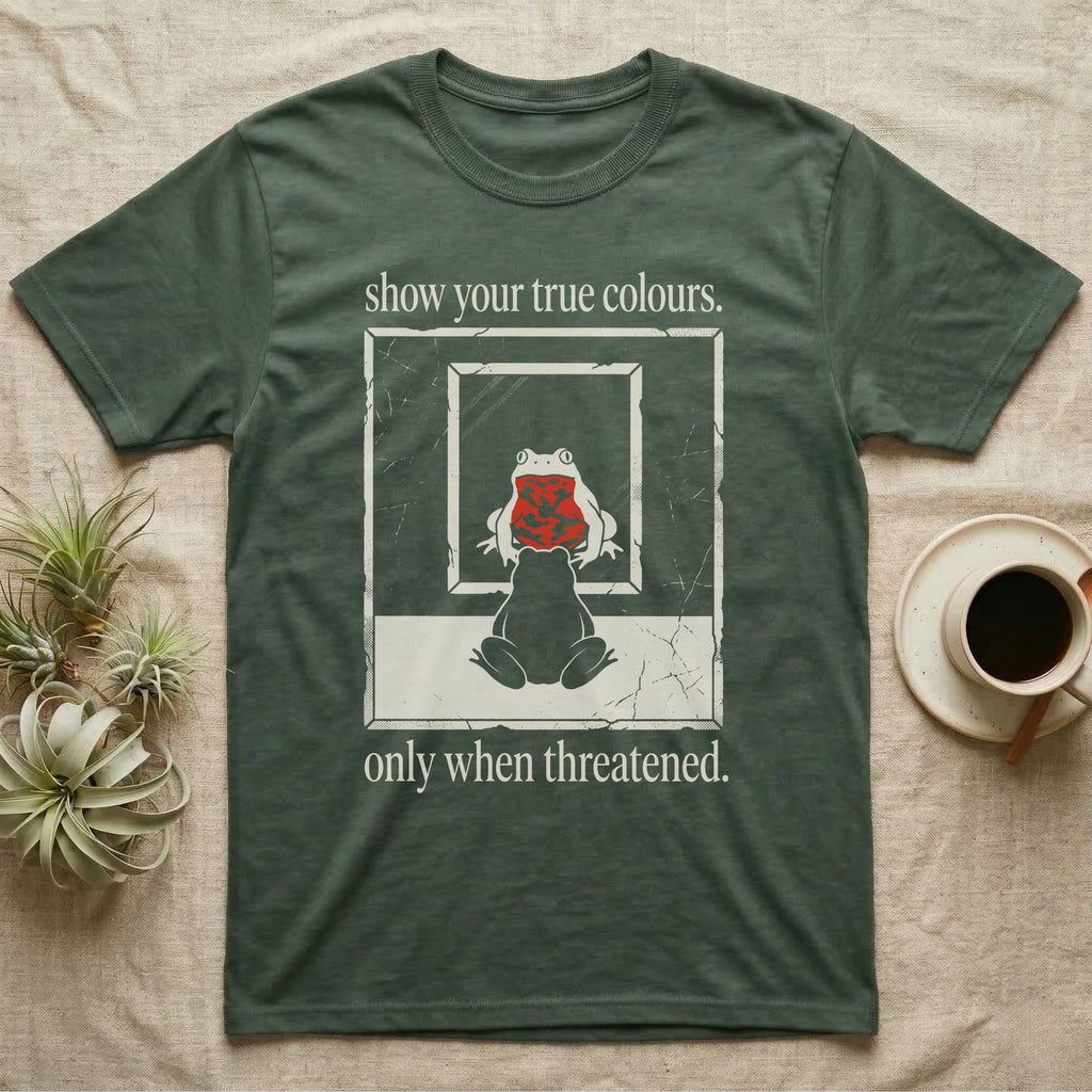 Fire-Bellied Toad Mirror T-Shirt in Military Green — Worn photocopy-style poster of a fire-bellied toad seen from behind looking into a mirror, its reflection showing a bright red marbled belly, with the words show your true colours, only when threatened.