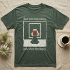 Fire-Bellied Toad Mirror T-Shirt in Military Green — Worn photocopy-style poster of a fire-bellied toad seen from behind looking into a mirror, its reflection showing a bright red marbled belly, with the words show your true colours, only when threatened.