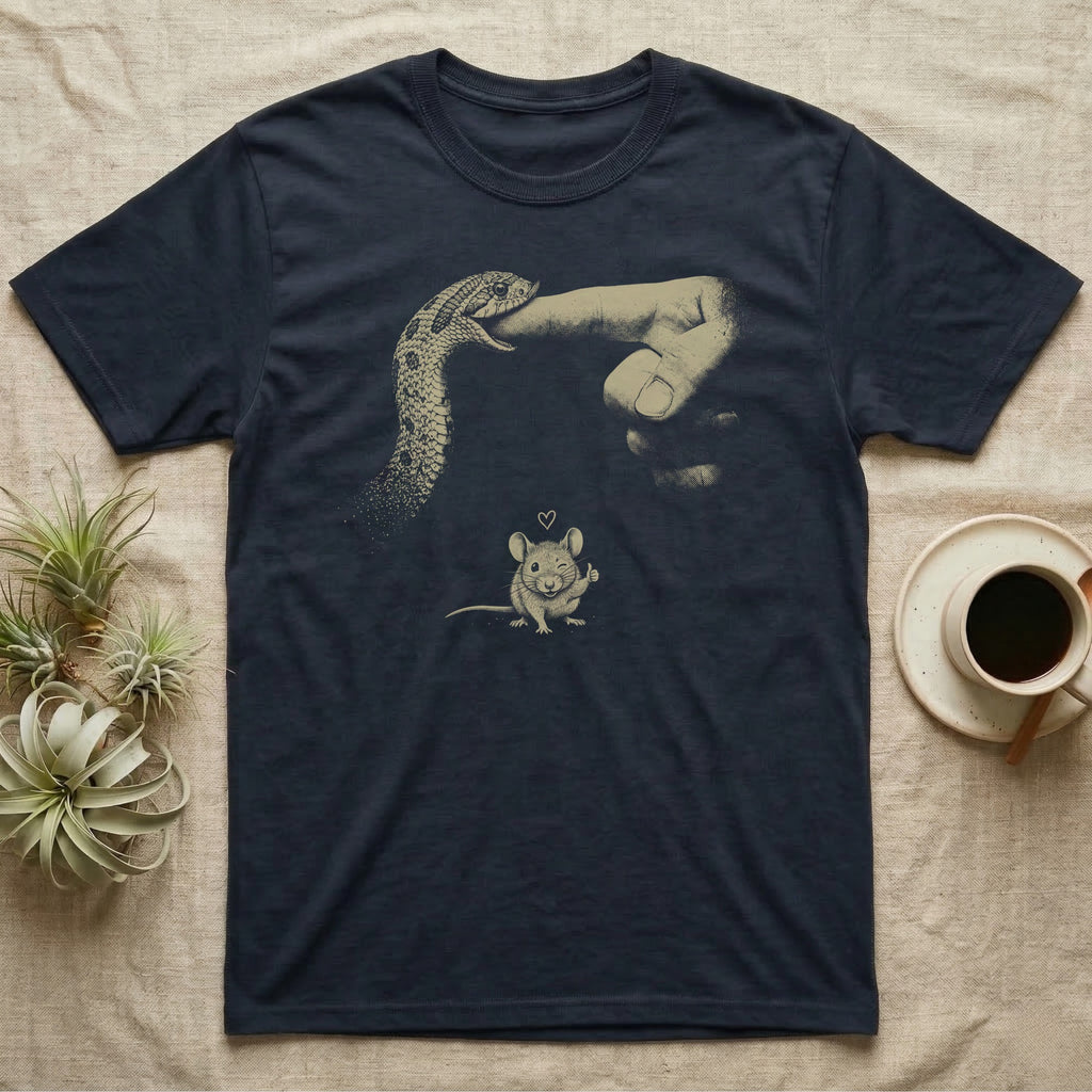 Hognose Finger Bite T-Shirt in Navy — Single-ink western hognose biting a fingertip while a winking mouse below gives a thumbs-up, on black.