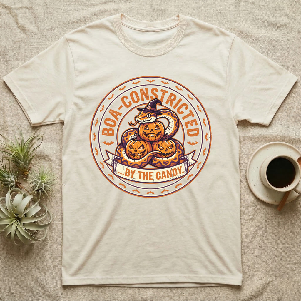 Ball Python Boa-Constricted Candy T-Shirt in Natural — Distressed badge of a witch-hatted ball python on three jack-o'-lanterns, "Boa-Constricted by the Candy."