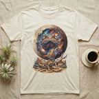Bearded dragon with cosmic background on a cream t-shirt.