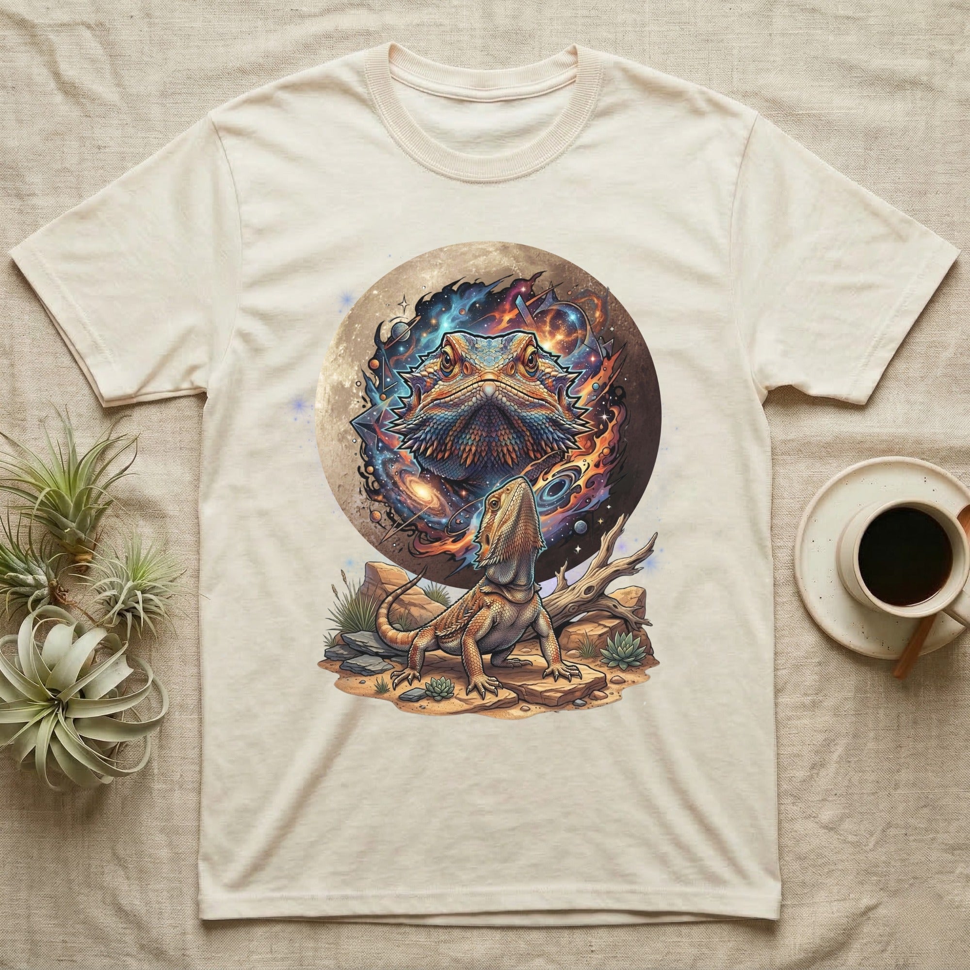 Bearded dragon with cosmic background on a cream t-shirt.
