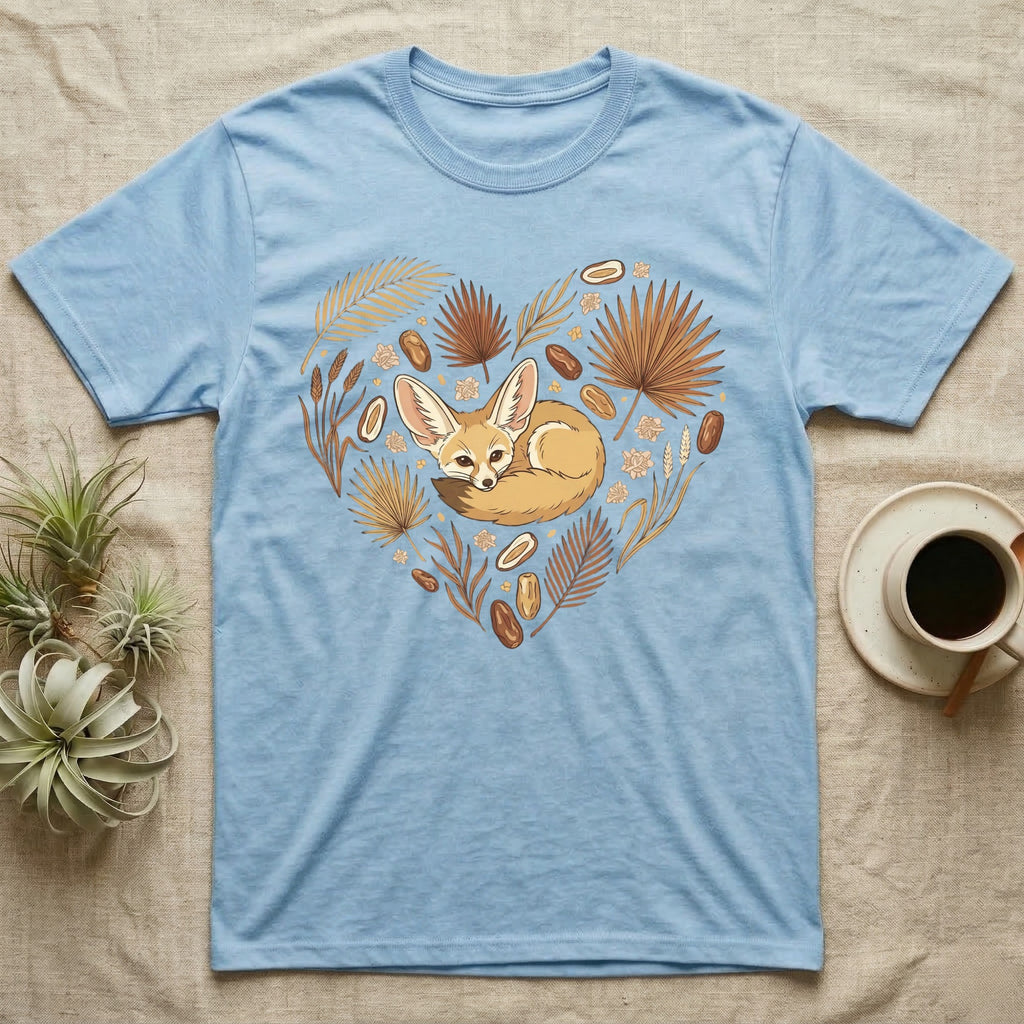 Light blue t-shirt with a fennec fox and botanical elements forming a heart.