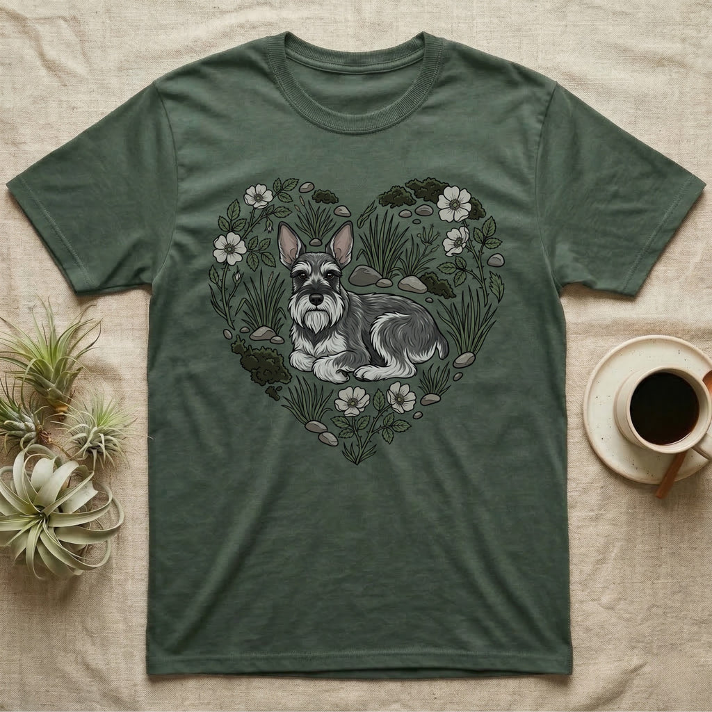 Green t-shirt with a heart-shaped graphic of a schnauzer surrounded by flowers and rocks.