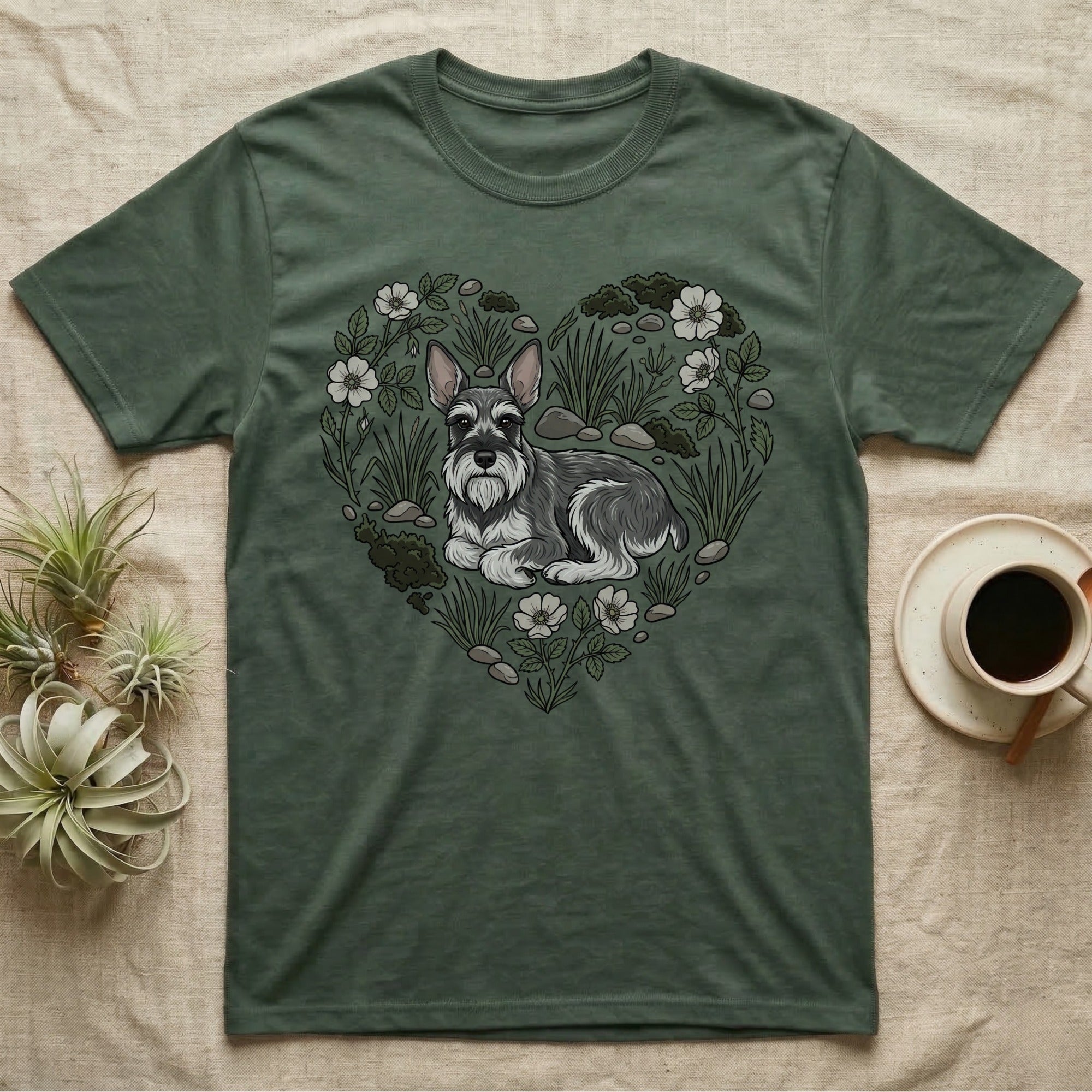 Green t-shirt with a heart-shaped graphic of a schnauzer surrounded by flowers and rocks.