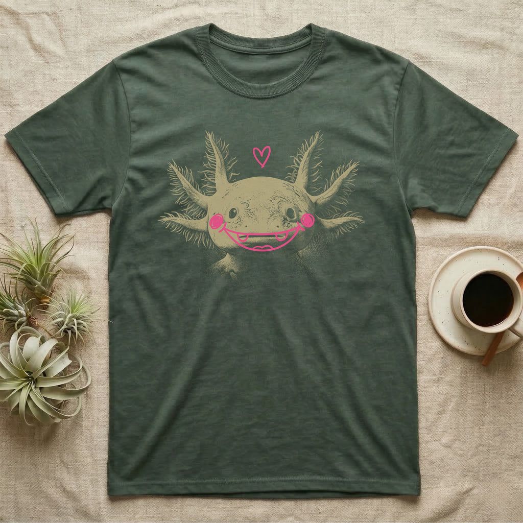 Axolotl Cute Doodle T-Shirt in Military Green — An axolotl's face with a pink marker grin, blush circles and a heart drawn on the glass.