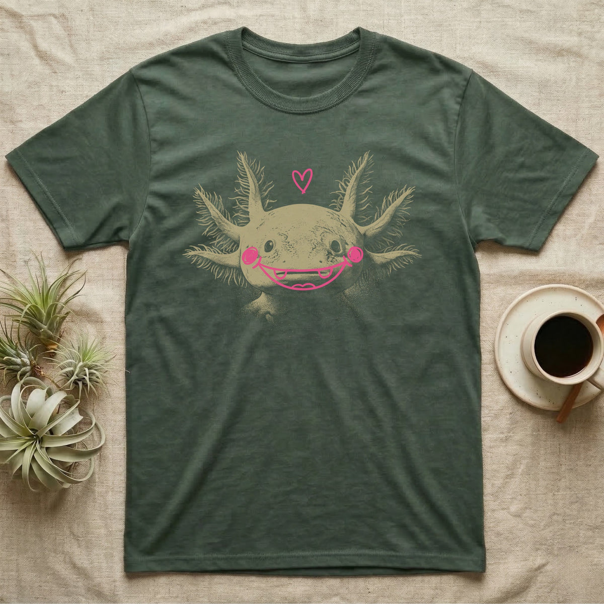 Axolotl Cute Doodle T-Shirt in Military Green — An axolotl's face with a pink marker grin, blush circles and a heart drawn on the glass.