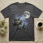 Hermann's Tortoise Moon Howl T-Shirt in Dark Heather — Three Hermann's Tortoise colour morphs howling at a full moon over a nebula on a dark grey t-shirt.
