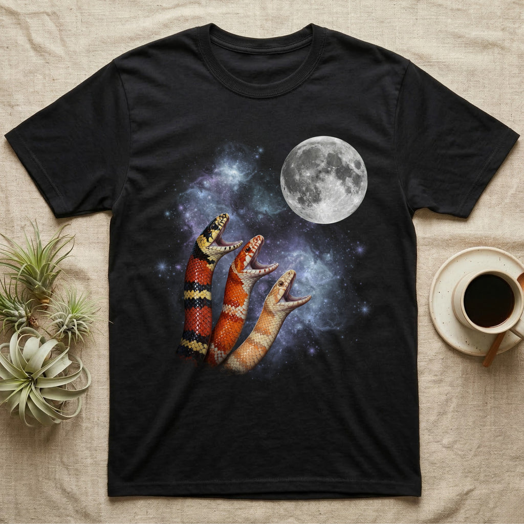 Milk Snake Moon Howl T-Shirt in Black — Three Milk Snake colour morphs howling at a full moon over a nebula on a dark grey t-shirt.
