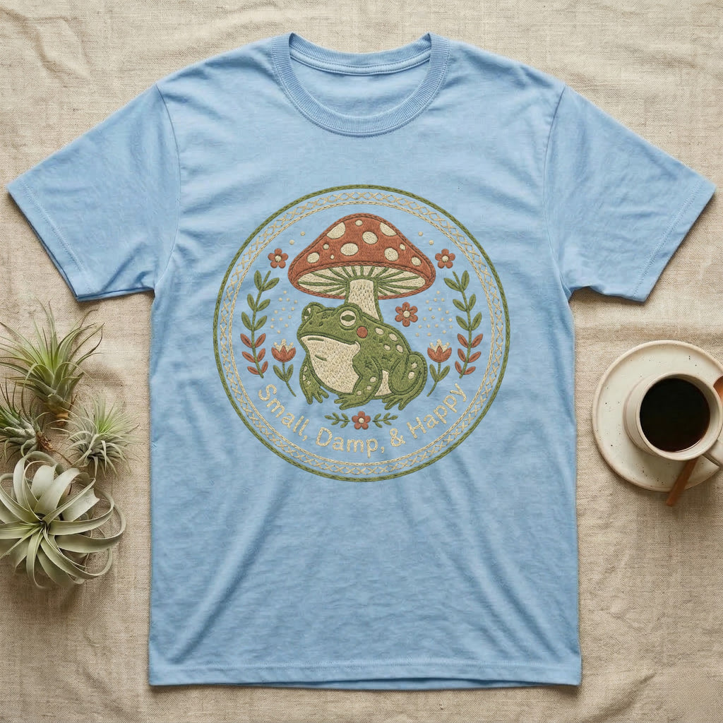 Light blue t-shirt with embroidered circle design of a frog and mushroom.
