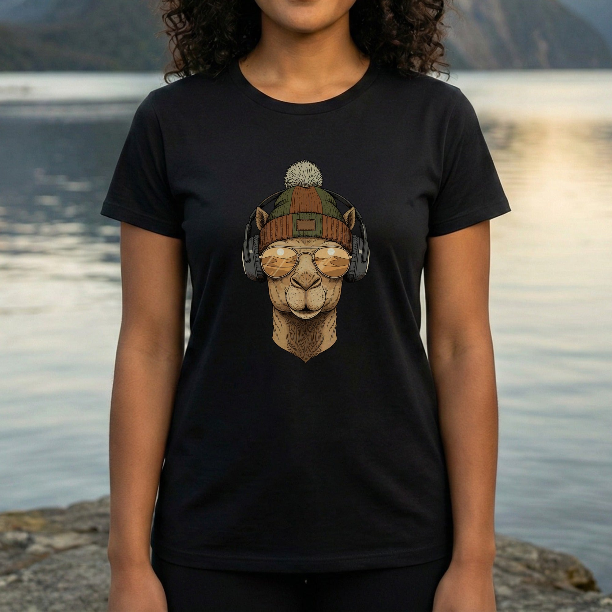 Cool Llama with Headphones and Hat Graphic Tee