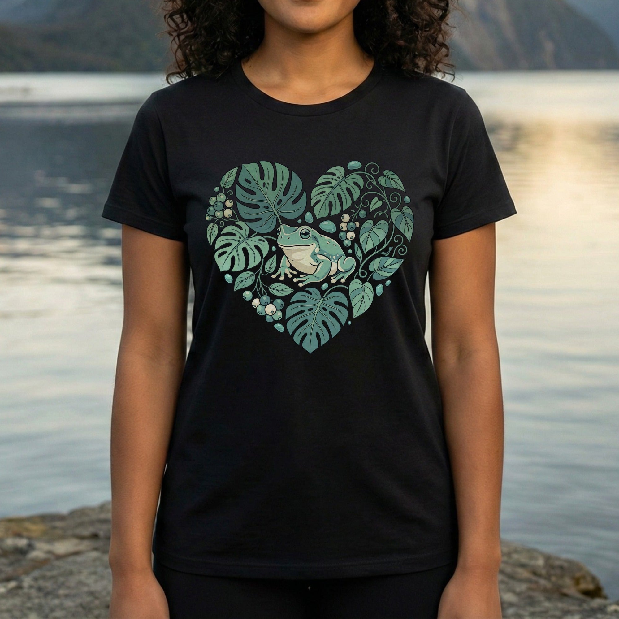 Frog and Tropical Leaves Black Heart T-shirt Product