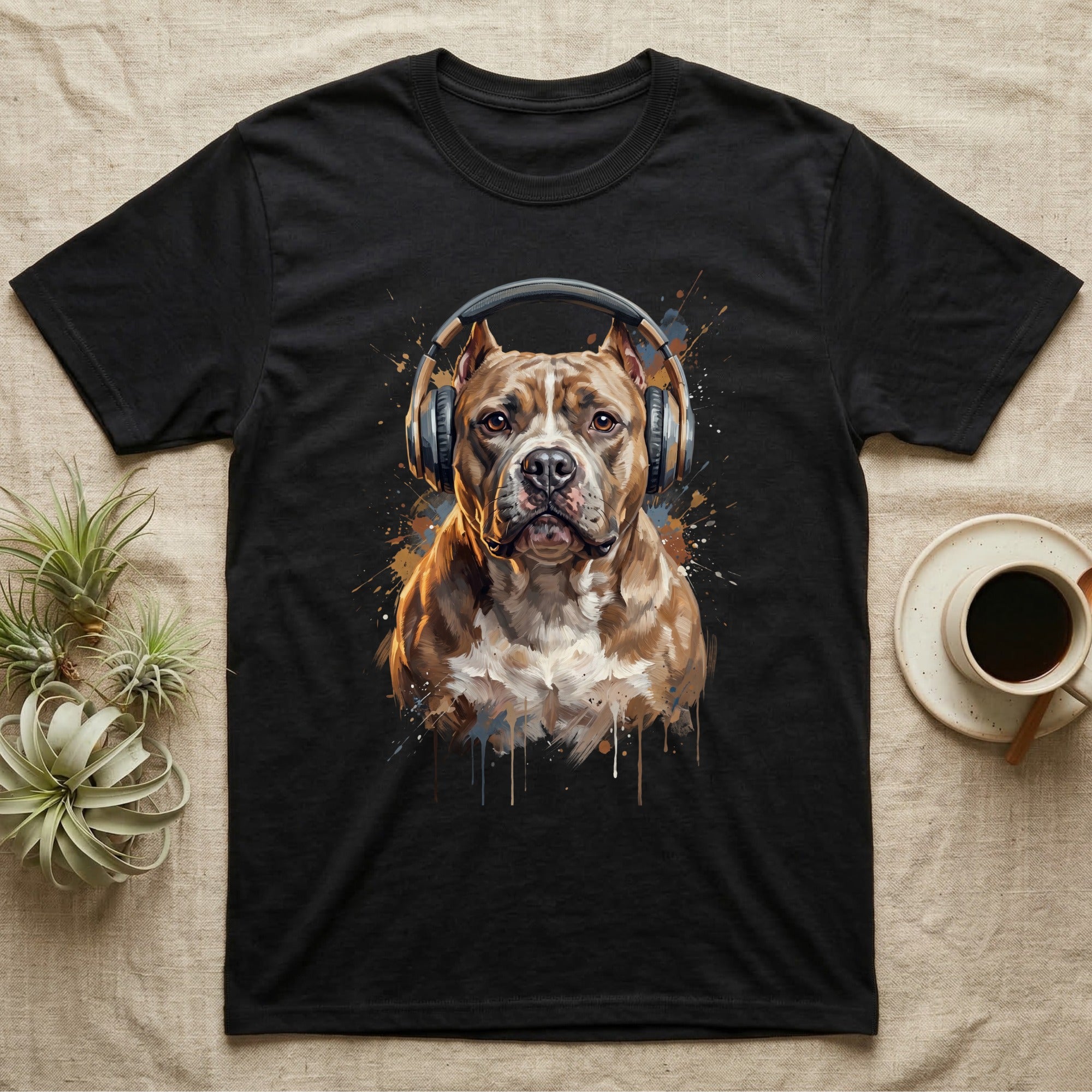 Pitbull wearing headphones on a black t-shirt with watercolor splashes.