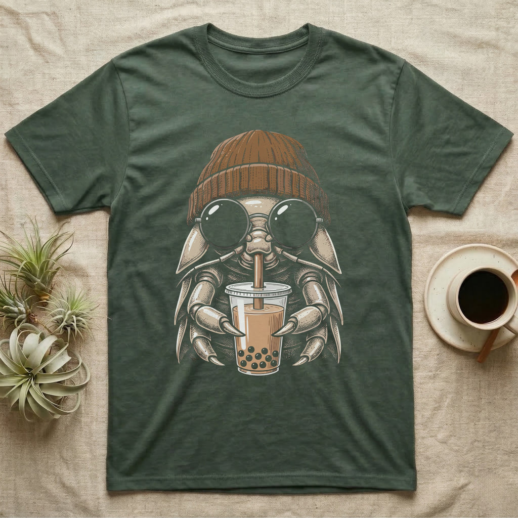 Isopod Boba Tea T-Shirt in Military Green — Cross-hatch engraving of an isopod in a beanie and round glasses holding boba milk tea.