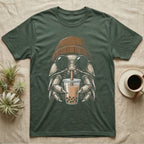 Isopod Boba Tea T-Shirt in Military Green — Cross-hatch engraving of an isopod in a beanie and round glasses holding boba milk tea.