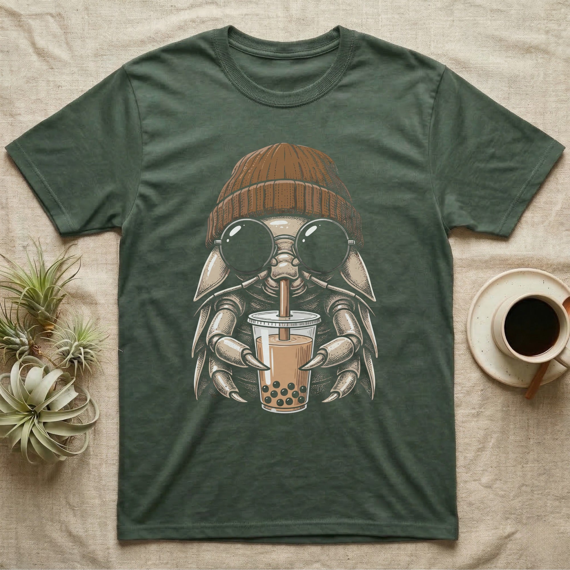 Isopod Boba Tea T-Shirt in Military Green — Cross-hatch engraving of an isopod in a beanie and round glasses holding boba milk tea.