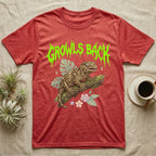 Leachianus Gecko Feral T-Shirt in Heather Red — Leachianus giant gecko on a mossy branch under jagged lime-green metal text GROWLS BACK with pastel leaves