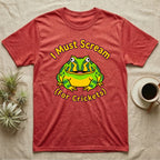 Red t-shirt with a cartoon frog and "I Must Scream (For Crickets)" text.