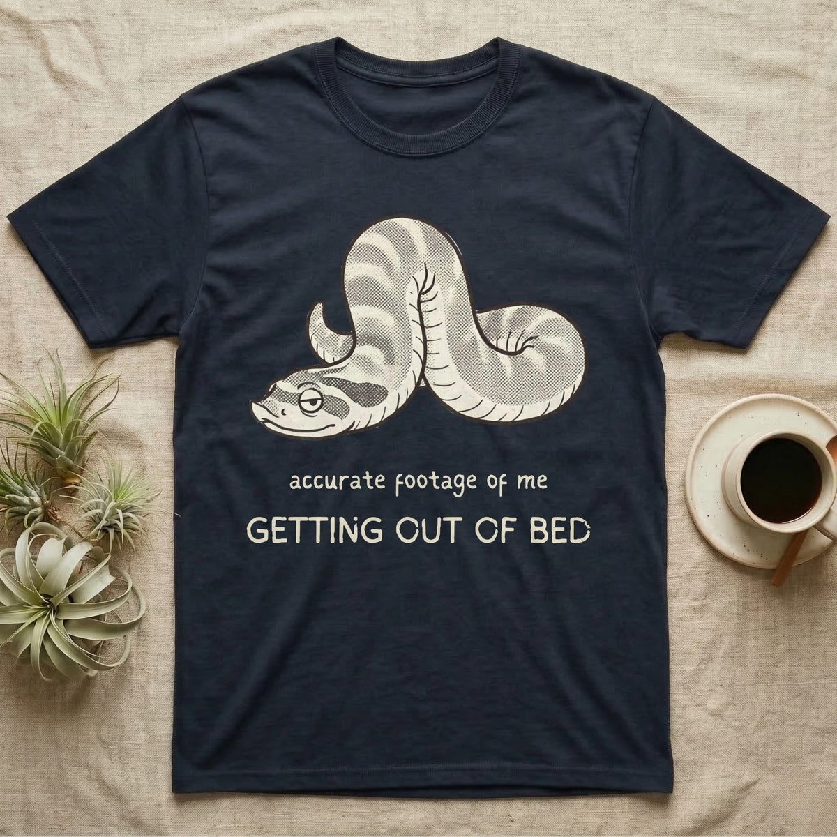 Hognose Morning Mood T-Shirt in Navy — Retro-illustration of a hognose snake flopped limp with hand-drawn marker text about getting out of bed.