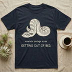 Hognose Morning Mood T-Shirt in Navy — Retro-illustration of a hognose snake flopped limp with hand-drawn marker text about getting out of bed.