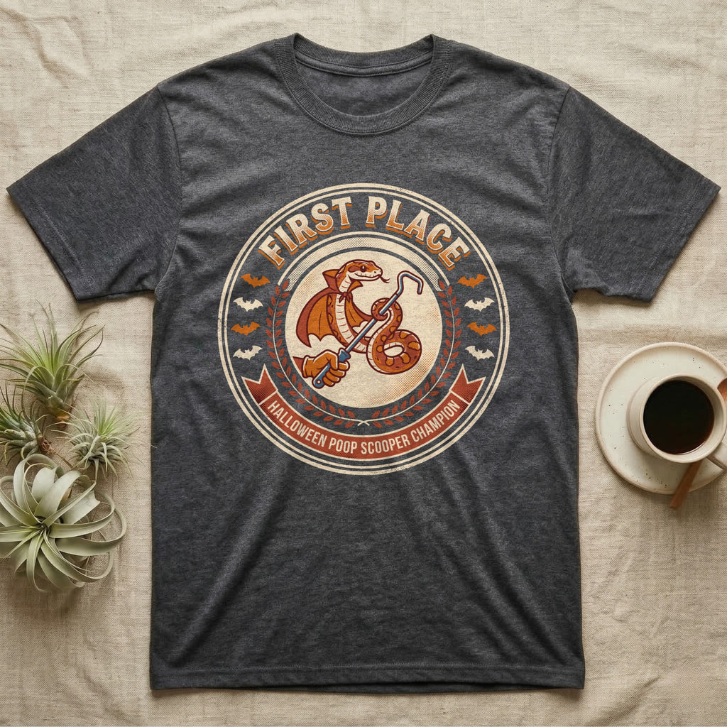 Corn Snake Poop Scooper Champion T-Shirt in Dark Heather — Vintage award badge with a caped corn snake holding a scoop hook, "First Place Halloween Poop Scooper Champion."
