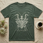 Orchid Mantis Threat Display T-Shirt in Military Green — Bleach-spatter stencil illustration of an orchid mantis reared square-on into a full threat display.