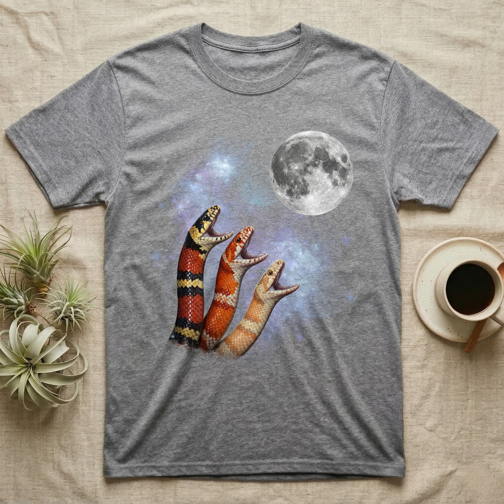 Milk Snake Moon Howl T-Shirt in Sport Grey — Three Milk Snake colour morphs howling at a full moon over a nebula on a dark grey t-shirt.