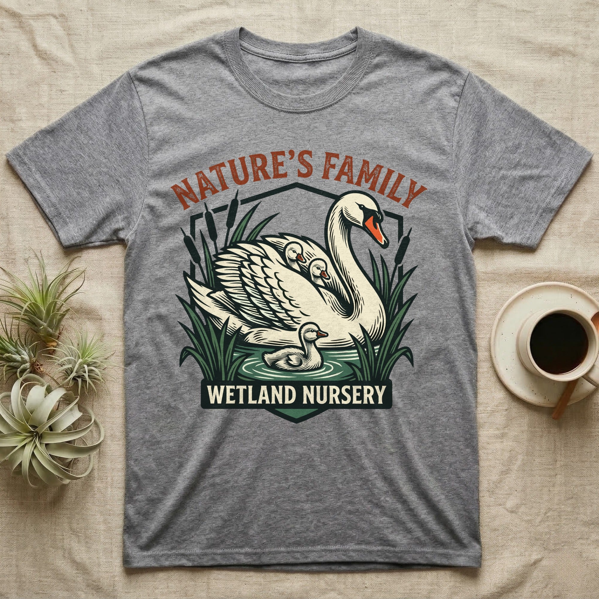 Gray t-shirt with "Nature's Family Wetland Nursery" and swan graphic.