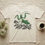 Green praying mantis on a stylized branch, printed on a cream t-shirt.