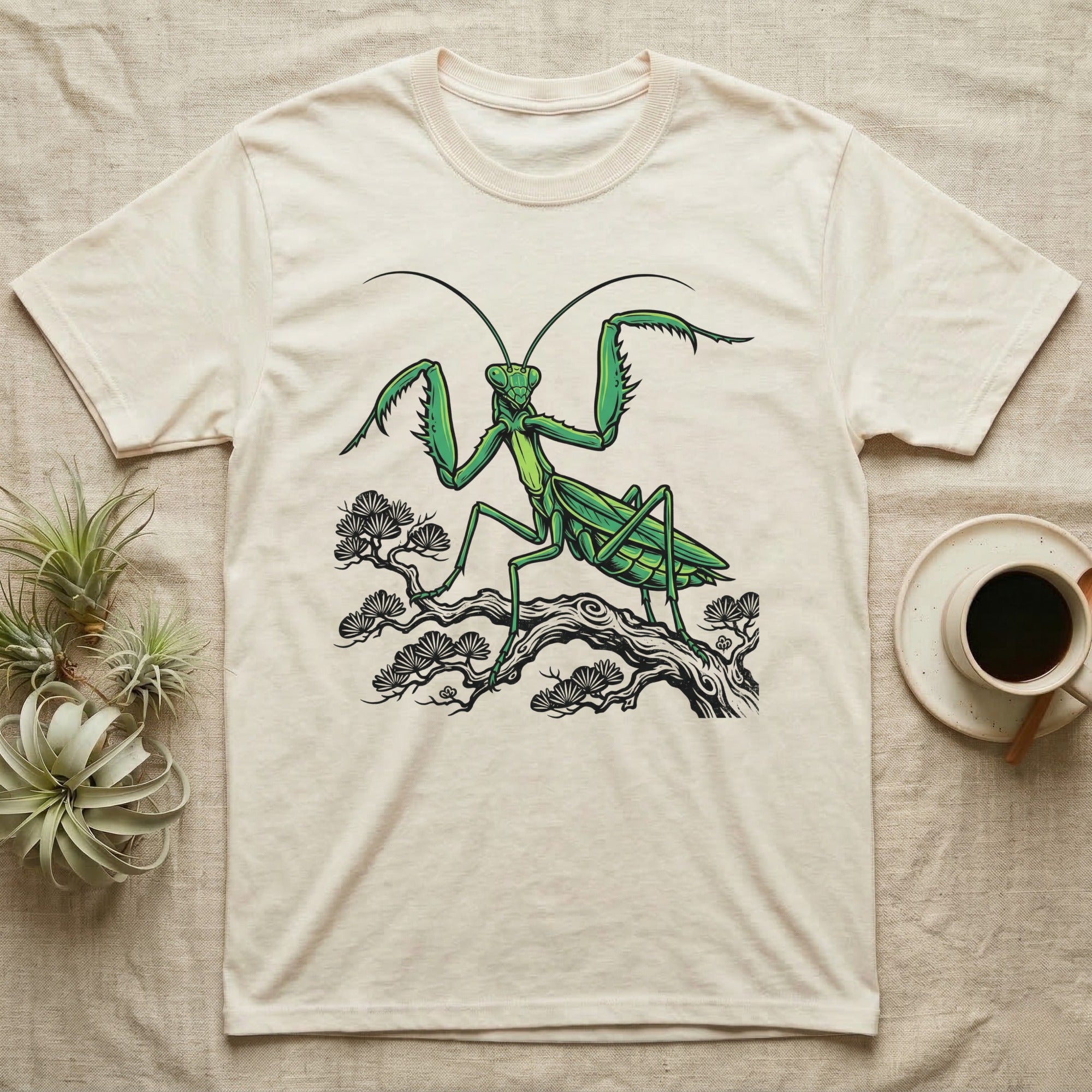 Green praying mantis on a stylized branch, printed on a cream t-shirt.