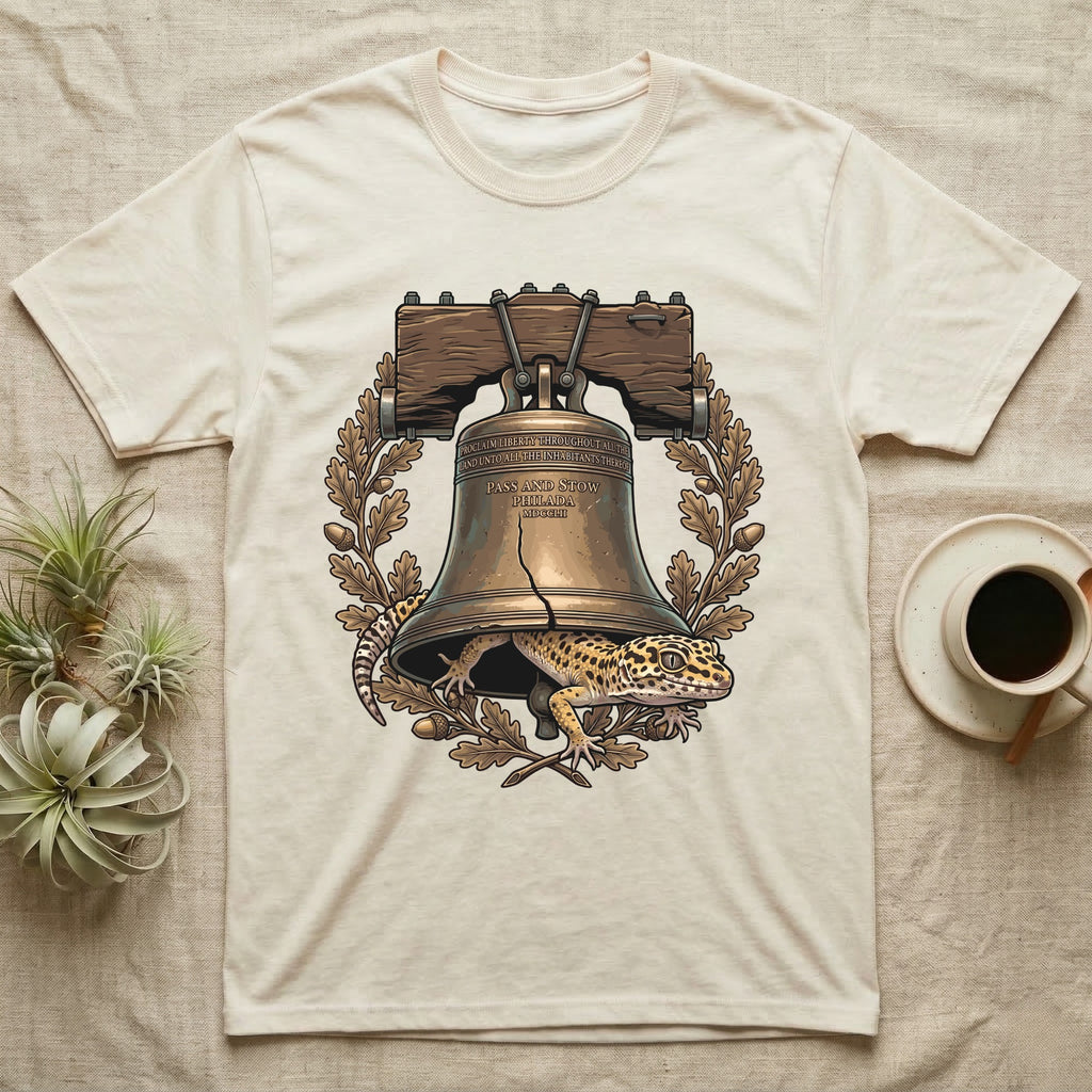 Leopard Gecko Liberty Bell T-Shirt in Natural — Engraved leopard gecko emerging beneath the bronze Liberty Bell inside an oak-leaf and acorn wreath.