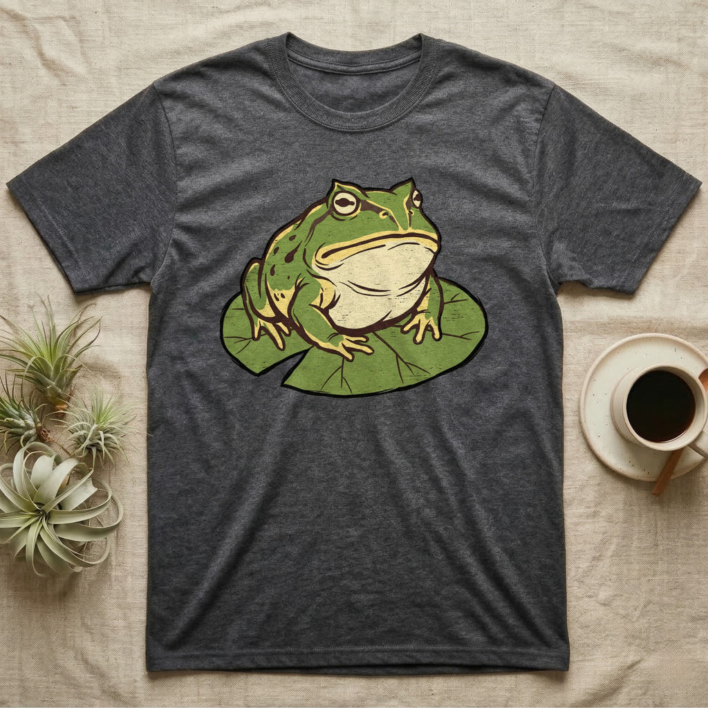Dark grey t-shirt with a green frog sitting on a lily pad.