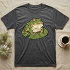 Dark grey t-shirt with a green frog sitting on a lily pad.