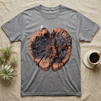 Leopard Gecko Stump Trio T-Shirt in Sport Grey — Three leopard geckos including a leucistic white morph on a cross-section log slab of amber growth rings with mushrooms, no on-shirt text.