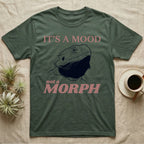 Bearded Dragon Black Mood T-Shirt in Military Green — Engraved bearded dragon with a fully flared black beard, between the words It's A Mood and morph in dusty rose.