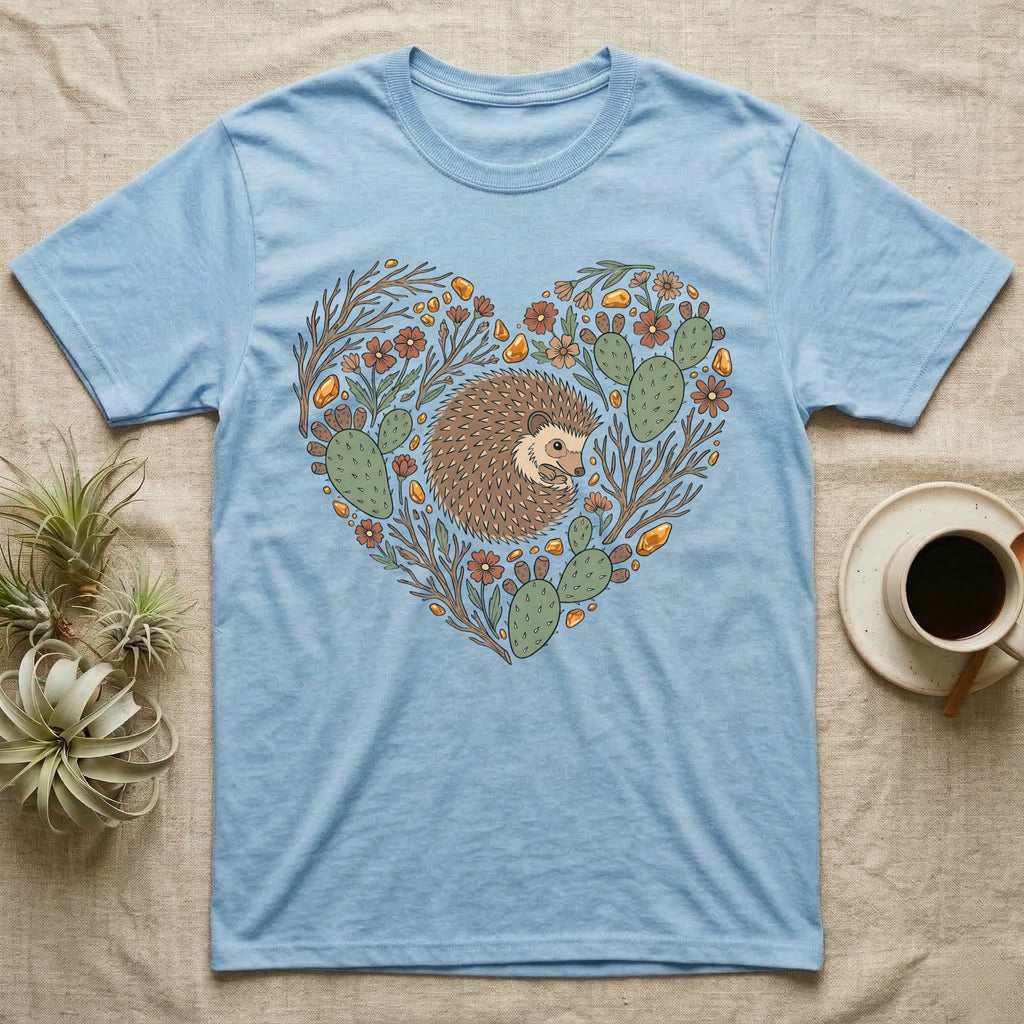 Light blue t-shirt with a heart-shaped design of a hedgehog among desert plants.