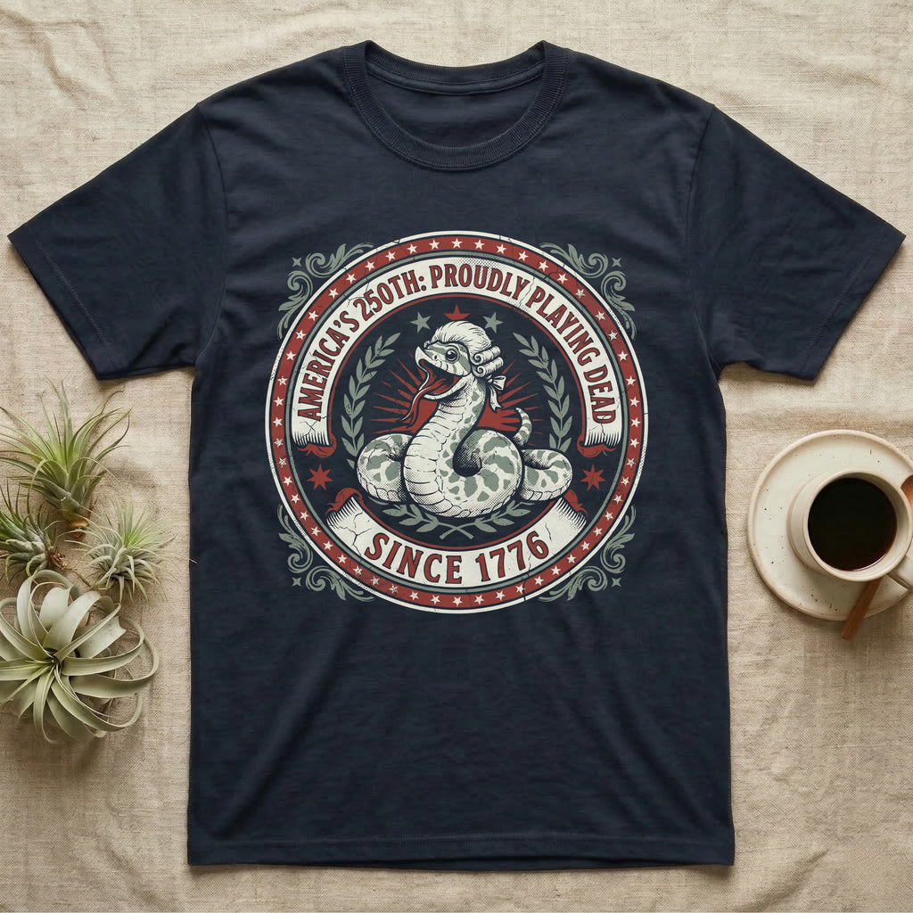 Hognose Snake 1776 Tee in Navy — Vintage circular seal of a hognose snake playing dead belly-up in a colonial wig, brick-red and cream emblem reading Proudly Playing Dead Since 1776.