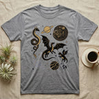 Grey t-shirt with celestial dragon graphic designs on a textured background.