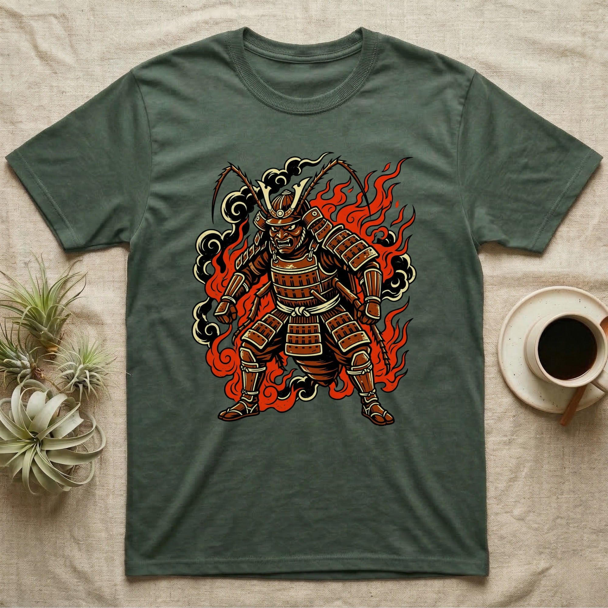 T-shirt with warrior bug in samurai armor amidst flames and smoke.