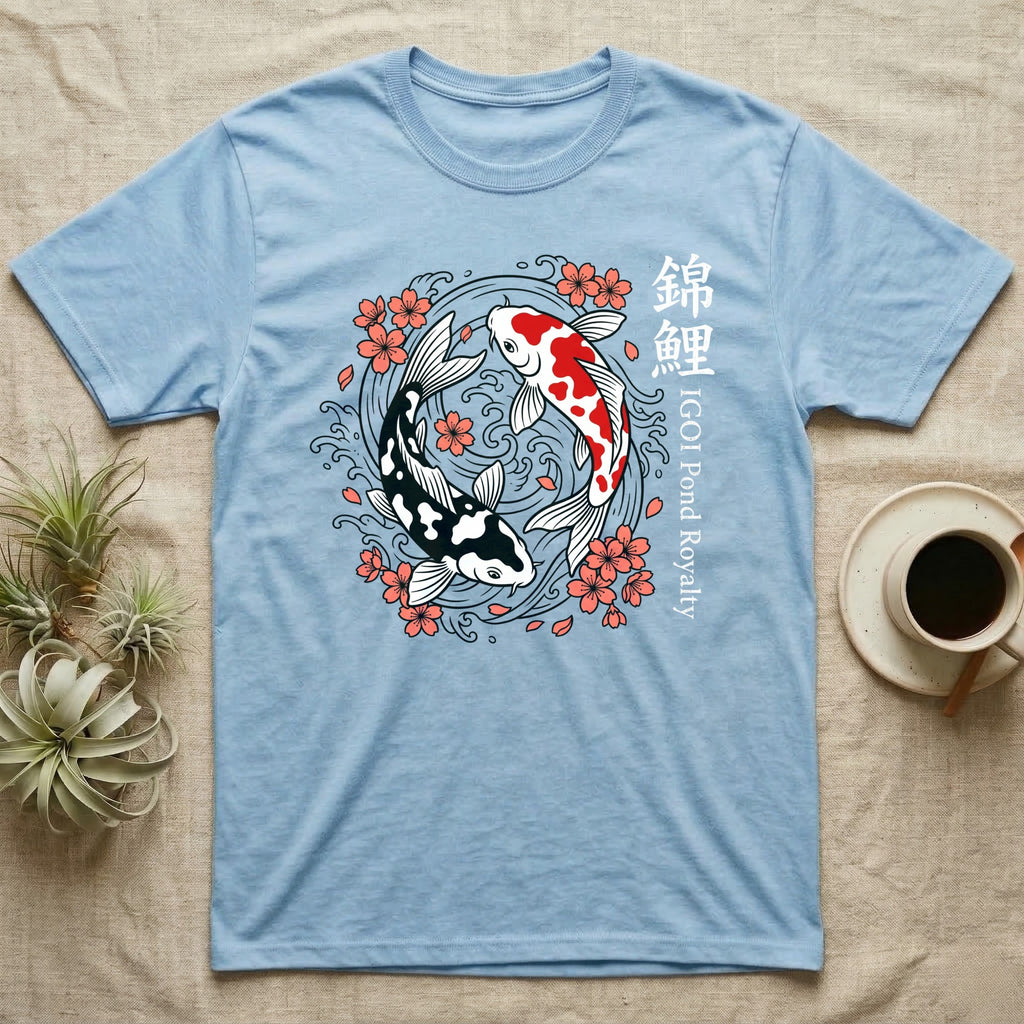 Light blue t-shirt with koi fish and cherry blossom design, Japanese text.