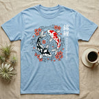 Light blue t-shirt with koi fish and cherry blossom design, Japanese text.