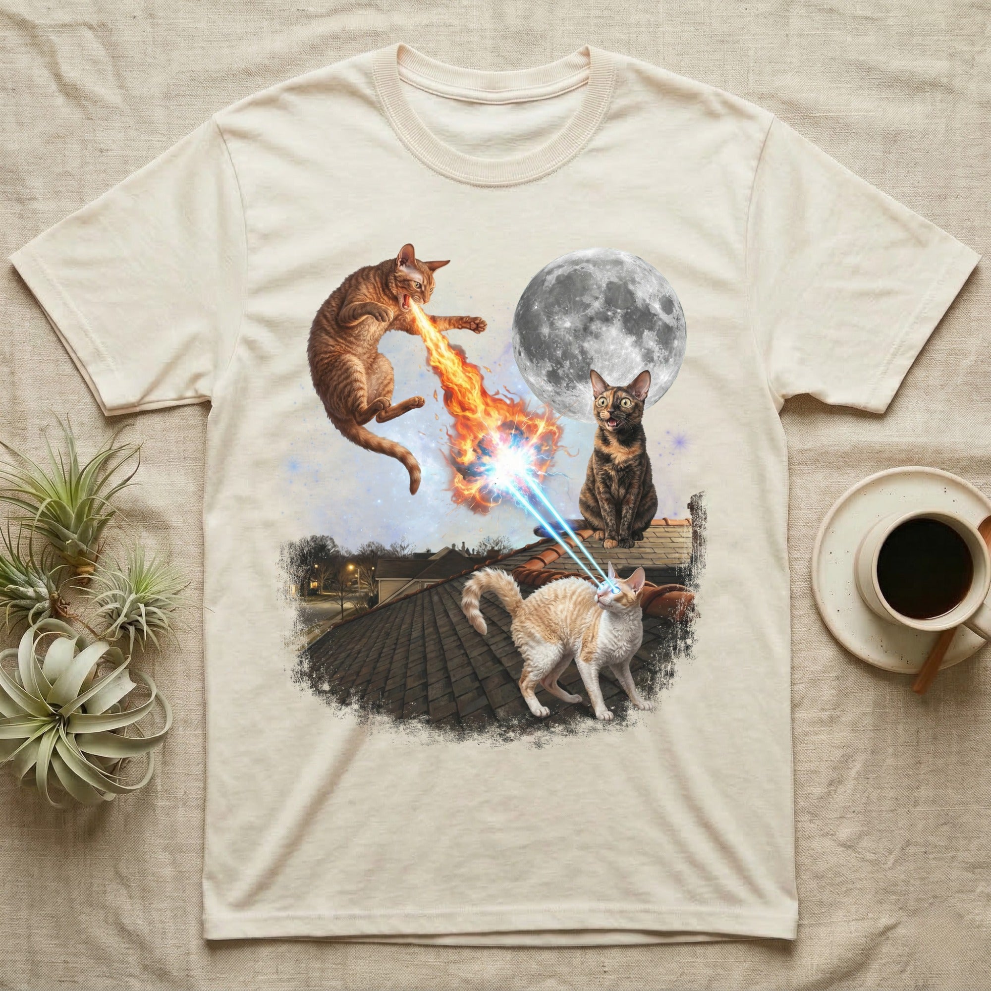 Cats with laser eyes and flames on a rooftop under the moon.
