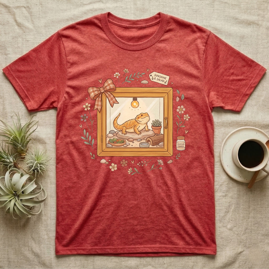 Bearded dragon in a sunny terrarium on a red t-shirt.