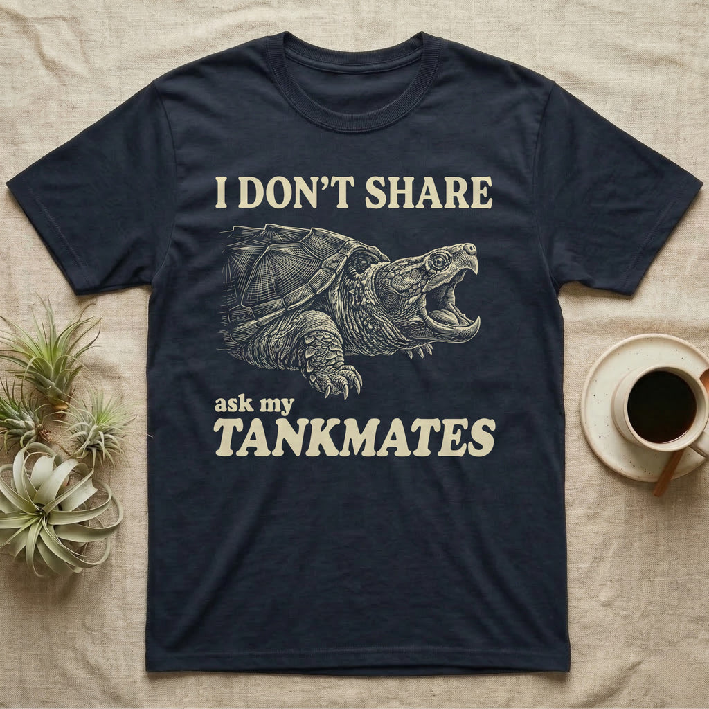Snapping Turtle Gape T-Shirt in Navy — Cream engraved snapping turtle on black, beak wide open, under cream words: I DON'T SHARE, ask my TANKMATES