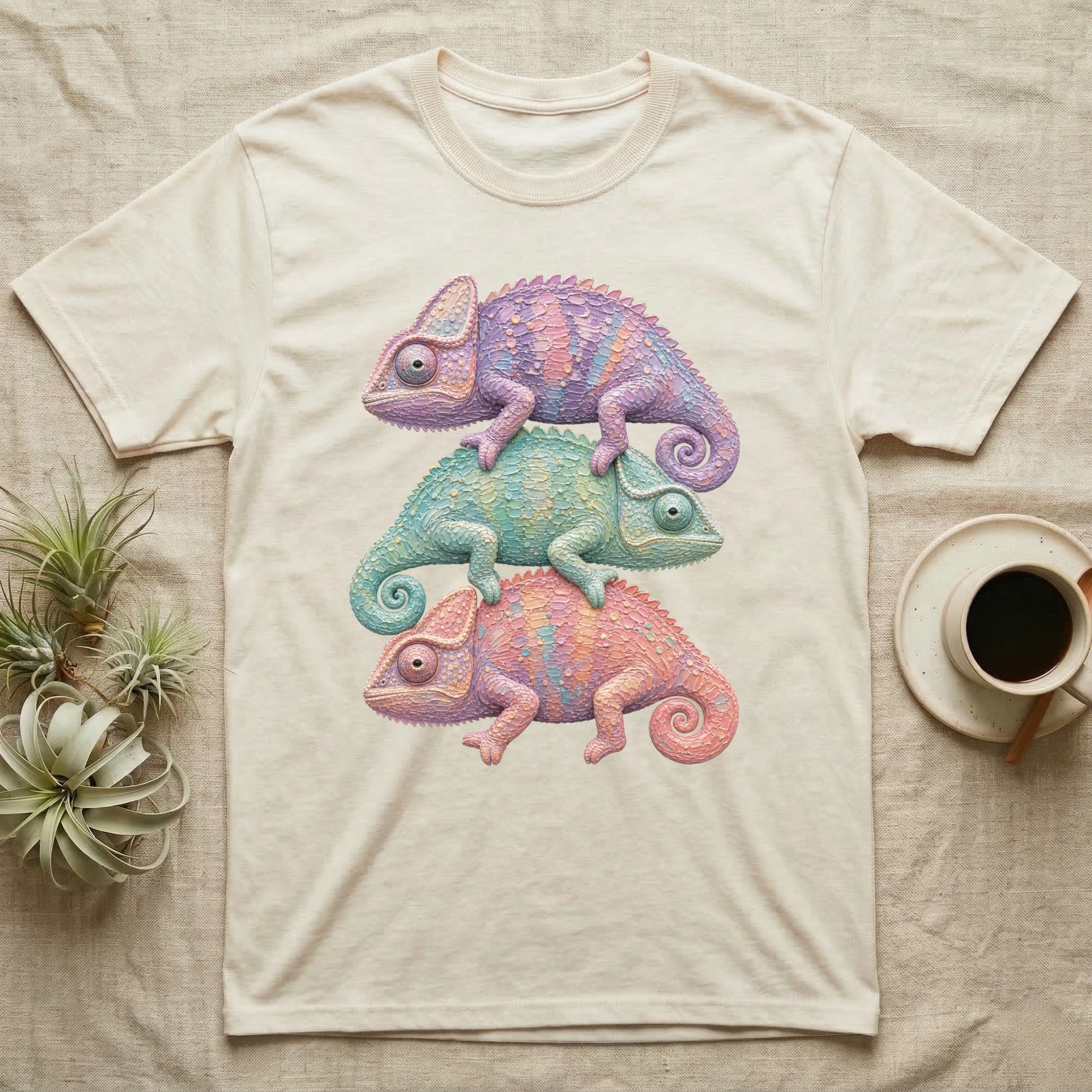 Cream t-shirt with three stacked chameleons in pastel colors.