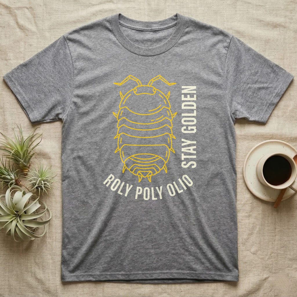 Roly Poly Isopod Stay Golden T-Shirt in Sport Grey — Golden outline drawing of a spined roly poly isopod beside vertical cream "Stay Golden" lettering.