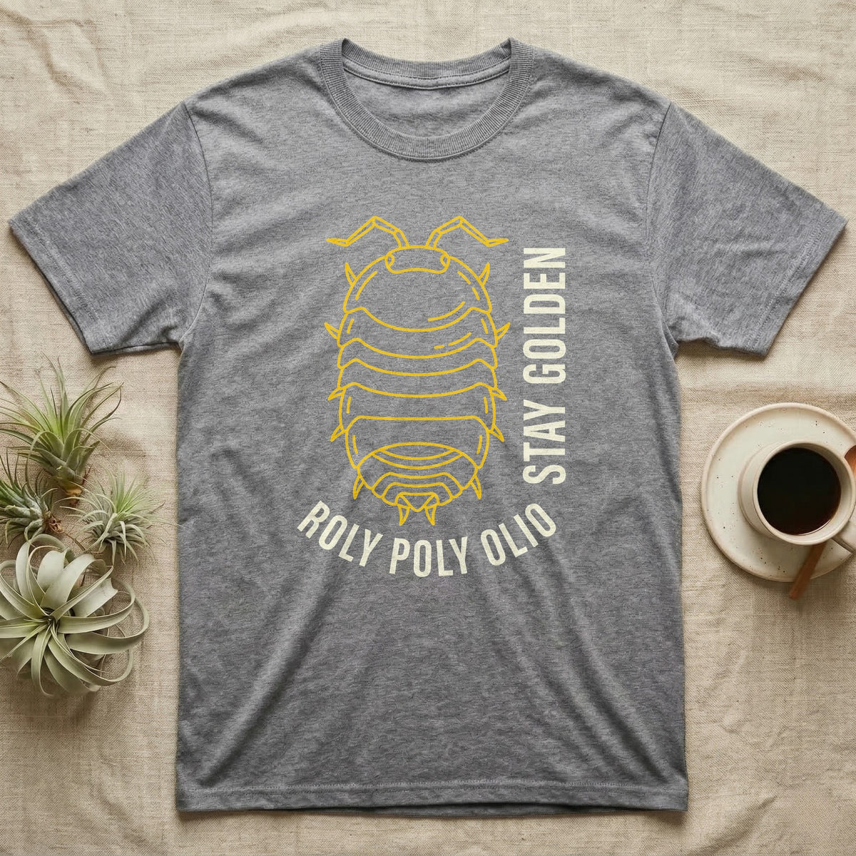 Roly Poly Isopod Stay Golden T-Shirt in Sport Grey — Golden outline drawing of a spined roly poly isopod beside vertical cream "Stay Golden" lettering.
